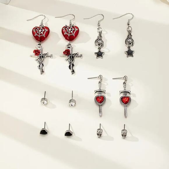 NEW Set of 6 Gothic Punk Earrings, Skull Stud, Heart Stud, Sword, Bat & Spider - Picture 2 of 4